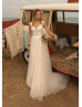 Deep V Neck Ivory Lace Tulle Wedding Dress